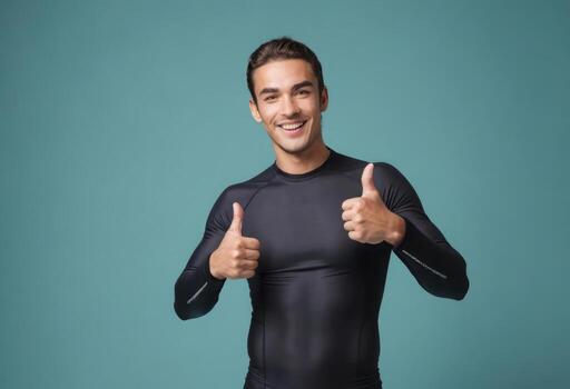 AI Generated A smiling man in a black wetsuit making thumbs up gestures. He appears confident and pleased. photo