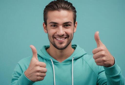 ai generado un alegre joven hombre con un barba, dando dos pulgares arriba. él es vistiendo un casual verde azulado sudadera. foto