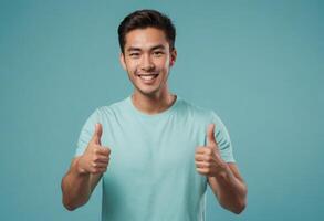 AI Generated A friendly-looking man with a charming smile giving two thumbs up. Dressed in a light teal t-shirt, he radiates positivity. photo