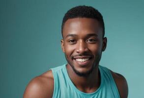 AI Generated A smiling man in a teal tank top looking at the camera with a friendly demeanor. His bright smile is engaging and welcoming. photo