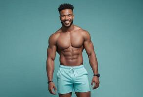 AI Generated A muscular man poses confidently, showcasing his fit physique. The teal background complements his light blue shorts. photo