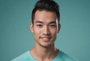 AI Generated A handsome man in a light blue t-shirt offers a confident gaze, paired with a teal background. photo