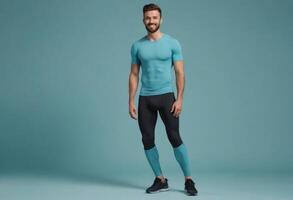 AI Generated A fit man in workout clothes stands ready to exercise, with a vibrant teal background. photo