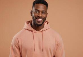 AI Generated A cheerful man in a peach hoodie offers a warm smile, against a soft peach background. He radiates casual comfort and friendliness. photo