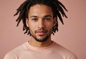 ai generado un sereno hombre con elegante rastas usa un rosado camisa de entrenamiento, presentación un moderno Mira en contra un melocotón antecedentes. foto