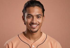 AI Generated A friendly young man in a peach-colored button-up shirt smiles gently, set against a matching background. photo