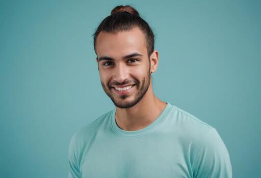 AI Generated A content man in a mint green shirt poses with a pleasant expression, the teal background enhancing his approachable look. photo