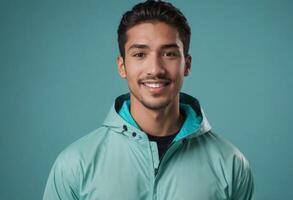 AI Generated A man wearing a teal windbreaker smiles gently, exuding approachability against a teal background. photo