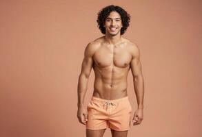 AI Generated A man with curly hair and a fit physique poses in peach swim shorts, confident against a matching background. photo