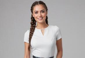 ai generado un alegre mujer con un trenzado peinado sonrisas en un blanco tee, radiante positividad y casual estilo. foto