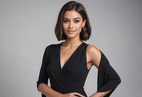 AI Generated A woman in a black V-neck top stands confidently, her crossed arms and firm stance speak of confidence and modern elegance. photo