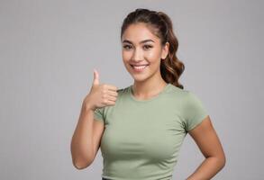 ai generado un atlético mujer en un verde tee da un pulgares arriba, su peinado práctico para su activo estilo de vida. foto