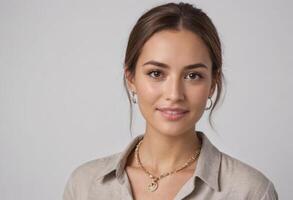 AI Generated A serene woman in a linen shirt exudes calm professionalism, her delicate jewelry adding a refined touch. photo