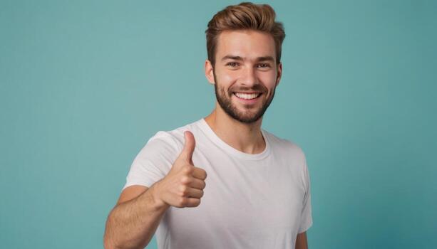 AI Generated A friendly man showing a thumbs up with a bright smile. He looks casual and approachable. photo