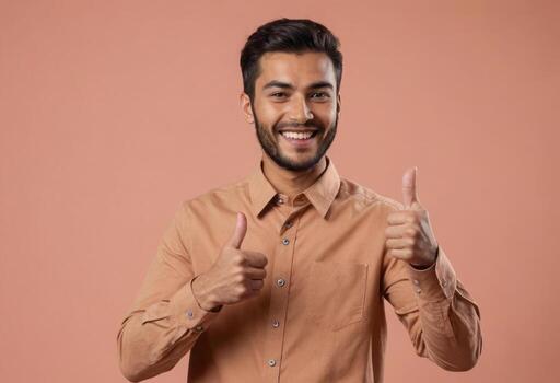 AI Generated A smiling man with a beard showing thumbs up. He wears a casual peach shirt and looks approachable. photo