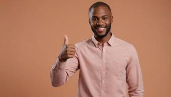 AI Generated A smiling man in a pink shirt giving a thumbs up, signaling approval and contentment. photo
