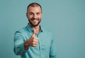 AI Generated A smiling man in a teal shirt making a positive thumbs up sign, his demeanor is approachable and happy. photo