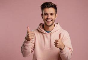 ai generado un animado joven hombre en un rosado capucha demostración doble pulgares arriba. su sonrisa sugiere entusiasmo y aprobación. foto