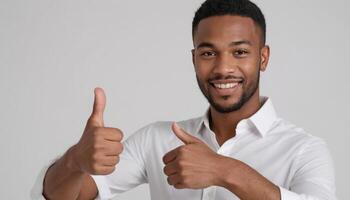 AI Generated A man in a white polo shirt makes a positive thumbs up gesture. His confident smile indicates approval. photo