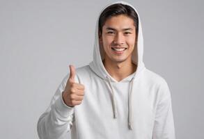 AI Generated A happy man in a white hoodie giving a thumbs up. His cheerful demeanor exudes positivity. photo