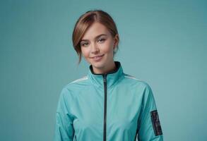 AI Generated A smiling woman wearing a teal windbreaker looks casual and comfortable. Her soft gaze and relaxed posture suggest ease and style. photo