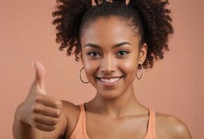 AI Generated A smiling woman with curly hair shows a thumbs up. Her expression is radiant and lively. photo
