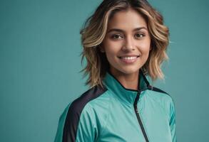 AI Generated A smiling woman in a sporty teal jacket looking happy and active. Her bright expression is inviting and cheerful. photo