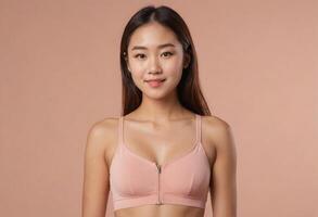 AI Generated A serene woman in a soft pink sports bra, her calm demeanor exudes peace and well-being. photo