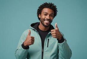 AI Generated A joyful man in a winter jacket with thumbs up. His lively expression and casual style indicate a positive outlook. photo