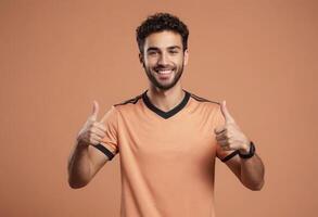 ai generado un joven hombre con Rizado pelo dando un pulgares arriba. el antecedentes es un calentar naranja. foto