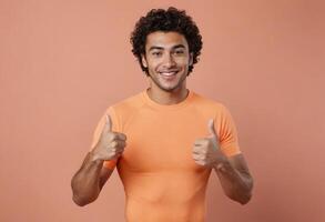 AI Generated A cheerful athletic man in an orange shirt giving double thumbs up. His expression is lively and confident. photo