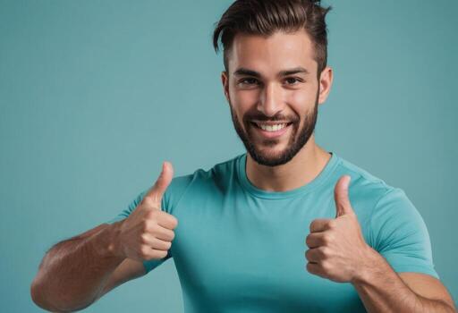 AI Generated A man with stubble in a teal t-shirt giving two enthusiastic thumbs up. His bright smile communicates joy and satisfaction. photo