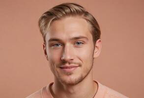 AI Generated A man with piercing blue eyes and blonde hair, giving a subtle smile in a peach-colored shirt. photo