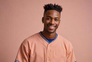 ai generado un hombre con un brillante sonrisa vistiendo un béisbol jersey en pie con un relajado comportamiento. foto