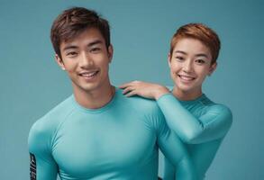 AI Generated A smiling couple in matching teal sports outfits. They stand close, suggesting a comfortable relationship. photo