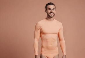 AI Generated A fit man in a peach fitness shirt stands with a confident posture and a friendly smile. photo