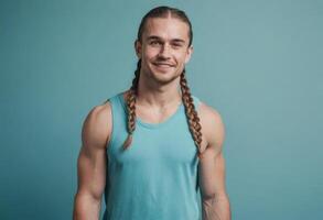 AI Generated A fit man with braided hair in a teal tank top, exuding a friendly and active vibe. photo