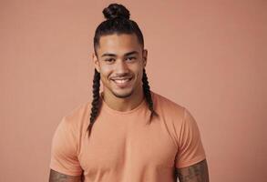 AI Generated Man with long braided hair smiling gently. Portrays casual style and individuality. photo