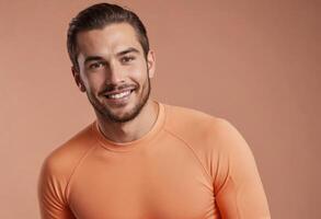 ai generado hermoso hombre con rastrojo sonriente en un naranja camisa. imagen exuda calor y accesibilidad. foto