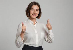 AI Generated A confident woman in a formal shirt giving double thumbs up. Image portrays assurance and positivity. photo