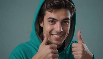 AI Generated An enthusiastic man in a teal hoodie giving a thumbs up. He exhibits a playful and friendly vibe. photo