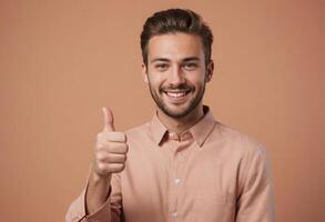 AI Generated A confident young man in a peach shirt giving a thumb up. His expression is self-assured and friendly. photo