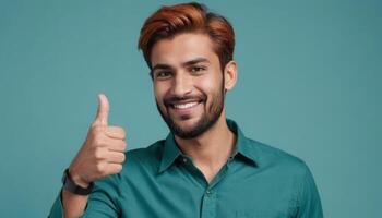 AI Generated A smiling man in a green shirt with a positive thumbs up gesture, exuding confidence and friendliness. photo