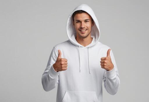 AI Generated A confident man in a white hoodie giving two thumbs up, with a satisfied smile. He appears assured and comfortable. photo
