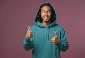 AI Generated A happy man in a teal hoodie showing approval with two thumbs up. He exudes casual comfort and friendliness. photo