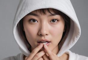 AI Generated A contemplative woman in a white hooded top with fingers on lips. Her gaze is introspective and curious. photo