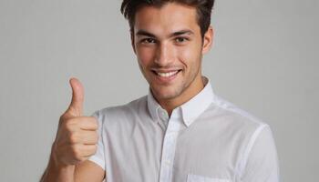 AI Generated A smiling man in a white shirt giving a thumbs up. He appears confident and pleased. photo