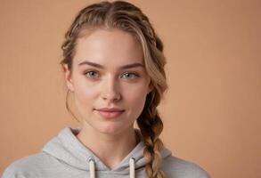 AI Generated A serene woman with braided hair in a grey hoodie. Her calm expression reflects a peaceful demeanor. photo