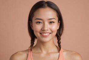AI Generated A radiant woman with braided hair and a beaming smile, wearing a light pink sports top. photo