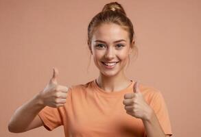 ai generado un confidente mujer en un naranja parte superior da doble pulgares arriba. su brillante sonrisa comunica positividad foto